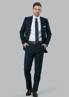 Navy Suit | Menguin | Navy Blue Wedding Suit Slim Fit Business Casual Suits, Slim Fit Notch Lapel Suits For Business Trips, Business Casual Suits In Suiting Fabric, Professional Suits For Office Wear, Professional Business Casual Suit, Slim Fit Tuxedo For Business Casual, Notch Lapel Suits For Business Trips, Navy Suits For Office Wear With Collar, Business Trip Suits With Notch Lapel