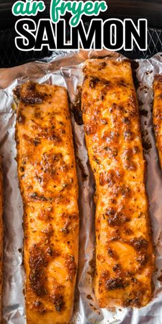 grilled salmon fillets on foil with text overlay that reads air fryer salmon