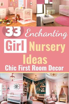 the baby girl nursery room is decorated in pink and white