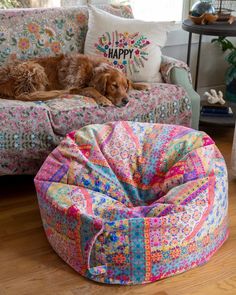 a dog laying on top of a colorful bean bag chair