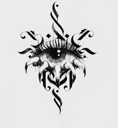 an artistic tattoo design with black and white lines on the upper half of the eye