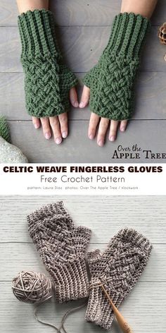 knitted fingerless gloves with text that reads, celtic weave fingerless gloves free crochet pattern