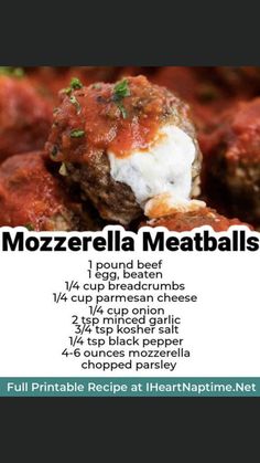 a recipe for meatballs with mozzarella and cream cheese on top is shown