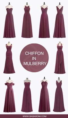 different types of dresses on mannequins with the words chiffon in mulberry