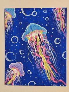 a painting of jellyfish floating in the ocean