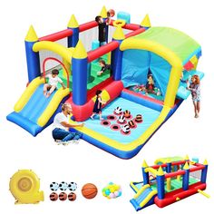 an inflatable bounce house with basketball hoops and ball pit for kids to play on