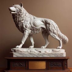 a statue of a wolf standing on top of a table