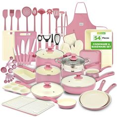 The NutriChef 54-Piece Kitchenware Set is an all-in-one solution for both cooking and baking, offering high-quality ceramic-coated pots, pans, and bakeware in a chic blush pink color. Designed for versatility, this set is compatible with multiple cooktops including gas, electric, ceramic, and induction, providing even heat distribution for all-around cooking perfection. Each piece features a durable non-stick ceramic coating that ensures easy food release and effortless cleaning. With an impress Pink Cooking Pots, Pink Kitchen Utensil Set, Pink Pots And Pans Cookware Set, Pink Cookware Set, Pink Kitchen Decor Ideas, Cute Pots And Pans, Cute Dishes Sets, Pink And Gold Kitchen, Pink And Black Kitchen