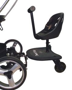 the wheel chair is black and silver with wheels