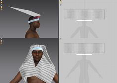 three different views of a man with a towel on his head, and the same image in