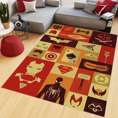 a living room area rug with various superheros on it