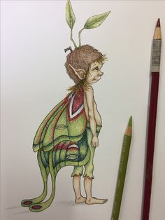 a drawing of a little boy with a plant on his head and legs, standing next to a pencil