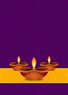 three lit candles on a purple and yellow background for diwaling the festival of lights