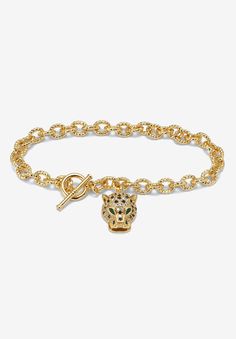 Add a fashionable twist to any outfit with our goldtone leopard charm bracelet. Featuring sparkling black, white, and green crystals, this subtle statement piece is sure to catch compliments. A toggle clasp provides an easy on/off. 8 inch length.FABRIC: GoldtoneMain Stone: 2 Marquise Faceted Cut Green Crystals, 2.5 mm x 1.25 mm32 Round Faceted Cut Black Crystals, 1 mm x 1 mm82 Round Faceted Cut Crystals, 1 mm x 1 mmDimensions: 13 mm wide x 8 inches long x 8.5 mm highIncludes gift box and drawstr Boss Fashion, Platinum Credit Card, Green Crystal, Drawstring Pouch, Leather Shops, Rich Girl, Marquise Cut, Green Crystals, Toggle Clasp