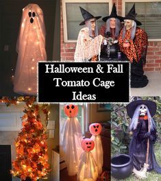 halloween and fall tomato cage ideas with pumpkins, jack - o'- lanterns, ghost heads