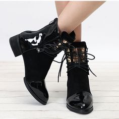 Department Name:Adult Item Type:Boots With Platforms:Yes Heel Height:Low (1cm-3cm) Outsole Material:Rubber Platform Height:0-3cm Lining Material:PU is_handmade:Yes Insole Material:Rubber Heel Type:Square heel Closure Type:Lace-Up Toe Shape:Round Toe Upper/Shaft Material:PU Fashion Element:Platform Season:Spring/Autumn Boot Type:Basic Boot Height:Ankle Pattern Type:Solid Black Martin Boots With Pointed Toe For Fall, Winter Lace-up Boots With Metal Feet, Black Lace-up Martin Boots For Party, Black Low Heel Lace-up Boots For Fall, Black Flat Heel Boots For Fall, Black Lace-up Boots With Low Heel For Fall, Fall Ankle-high Moto Boots With Metal Feet, Black Low Heel Boots For Spring, Chic Flat Heel Lace-up Boots For Fall