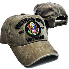 US Vietnam War ERA Veteran tan Hat, 1960 to 1975 Embroidered letters Celebrates the service of Vietnam ERA Veterans Adjustable strap to fit most adults, men and some women Pre-curved bill. Structured, low-profile crown, button top and sewn eyelets for ventilation Durable, soft brushed Cotton Dark khaki brown, black colors Veteran Hats, Tan Hat, Embroidered Letters, American Veterans, Womens Khakis, Cap Mens, Army Veteran, Baseball Caps Mens, Dark Khaki