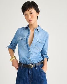 J.Crew: Wren Slim Western Chambray Shirt In Callie Wash For Women Womens Chambray Shirt, Stylish Outfits For Women Over 50, Chambray Fabric, Denim Maxi, Over 50 Womens Fashion, Fashion 2024, Women Over 50, Wardrobe Basics, Chambray Shirt