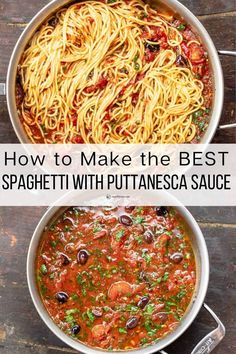 two pans filled with spaghetti and sauce on top of a wooden table next to each other