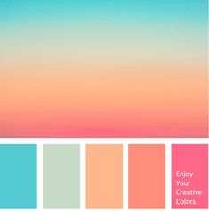 the color palette is pink, blue and green with an ombree sky in the background