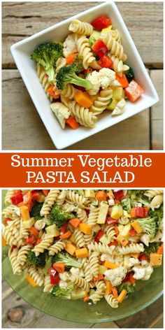 two pictures of pasta salad with broccoli and carrots