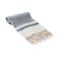 a blue and white striped towel on a white background