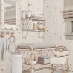 a baby's room with pink and white wallpaper, crib, rocking chair, changing table and teddy bear