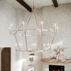 a chandelier hanging from the ceiling in a living room with a fire place