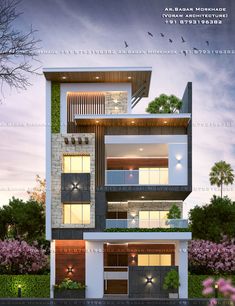 this is an architectural rendering of a modern house in the evening time with trees and bushes surrounding it