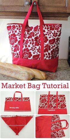 a red and white tote bag sitting on top of a counter next to bread