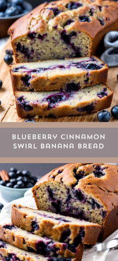 sliced blueberry cinnamon swirl banana bread on a cutting board