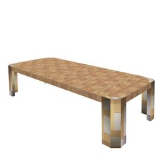 a wooden table with metal legs on a white background