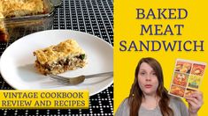 a woman is holding up a recipe book next to a plate with food on it