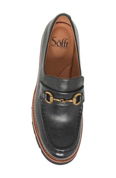 Chunky lugs ground a sleek leather loafer topped with an antiqued horsebit ornament for a dash of classic elegance. Removable, cushioned insole with arch support Leather upper and lining/rubber and synthetic sole Imported Business Casual Horsebit Loafers With Round Toe, Business Casual Loafers With Horsebit Detail, Office Loafers With Horsebit Detail And Round Toe, Loafer Women, Classic Elegance, Loafers For Women, Leather Loafers, Arch Support, New Shoes