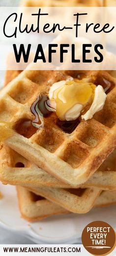 A stack of square waffles with a pad of butter on top and maple syrup being poured over them. Gluten Free Waffle Mix Recipe, Gluten Free Waffles Easy, Gluten Free Waffle Mix, Homemade Waffle Mix, Waffle Mix Recipes, Gluten Free Flour Recipe, Meaningful Eats, King Arthur Gluten Free, Saturday Morning Breakfast