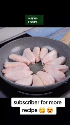 chicken is cooking in a frying pan on the stove top, with text reading subciber for more recipe