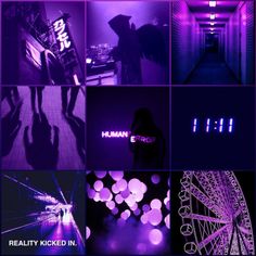 a collage of purple images with the words human error on them and people standing in an alleyway