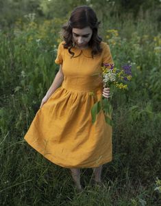 "Spring dress, Write the selected color in the message Handmade mustard linen dress with round collar (Peter Pan collar), short sleeves and 2 pockets , perfect for casual wear and suitable for any occasion in any season Details: - 100% natural linen produced in Europe ; - medium weight (180 gram per square meter); - color: mustard, could be any from our colors catalog(color samples at the photo); Made to order, approximately a few days, If you have any questions please message me and I will be g Summer Dress Linen, Linen Casual Dress, Linen Dresses For Women, Linen Summer Dress, Natural Fiber Clothing, Linen Dress Summer, Disney World Outfits, Linen Dress Women, Linen Summer