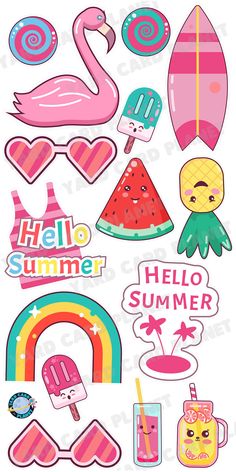 Hello Summer Yard Card Flair Set Lucky Cake, Tent Logo, Summer Graphics, ليلو وستيتش, Flamingo Float, Window Mural, Expo Marker, Summer Board, No School