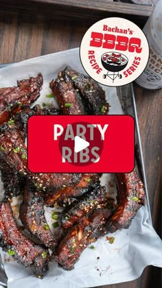 barbecue ribs on a tray with the words party ribs