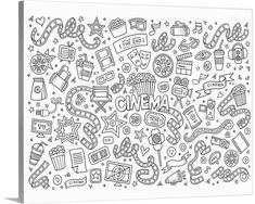 the word cinema surrounded by doodles and other items in black and white, on a white background