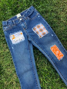 How cute would these be for your little 🎃 Pumpkin/Harvest distress jeans Casual Jeans With Patches For Fall, Casual Patched Jeans For Fall, Fall Denim Bottoms With Patches, Fall Denim Jeans With Patches, Denim Jeans With Patches For Fall, Fall Orange Cotton Jeans, Straight Leg Jeans With Patches For Fall, Casual Orange Denim Jeans, Independence Day Theme