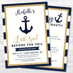 two navy and gold wedding shower cards with an anchor