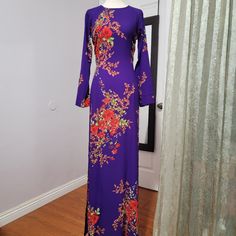 Ao Dai Measurements Bust 88-92cm Waist 74-76cm Nwot. Flowy Fabrics, Machine Washable Gentle Only Fitted Long Sleeve Lined Maxi Dress, Purple Printed Long Sleeve Dress, Purple Long Sleeve Printed Dress, Long Purple Floral Print Dress, Long Fitted Purple Dress, Fitted Long Purple Maxi Dress, Purple Long Sleeve Ao Dai For Spring, Vietnam Dress, Ao Dai Vietnam