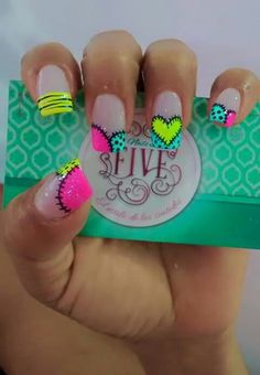 Nails Patch Nail Art, Florescent Nail Ideas, Fun Neon Nails, Stitch Nail Designs, Patch Nails, Patchwork Nails, Sally Nails, Heart Patchwork, Nailart Ideas