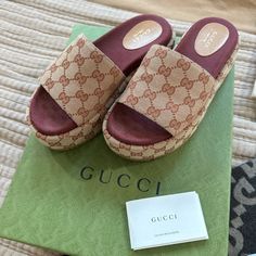 100% Authentic Gucci Platform Slides- Comes With Original Dust Bags. Like Brand New- Worn For A Couple Of Hours. #Gucci #Sandals #Platform Gucci Brown Slip-on Sandals, Designer Beige Platform Sandals, Beige Designer Sandals With Cushioned Footbed, Gucci Beige Open Toe Sandals, Gucci Brown Sandals For The Beach, Gucci Beige Sandals For Summer, Beige Gucci Sandals For Summer, Summer Beige Gucci Sandals, Gucci Platform Sandals Outfit