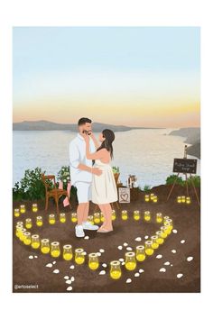 a painting of a couple kissing in front of candles on the ground with water behind them