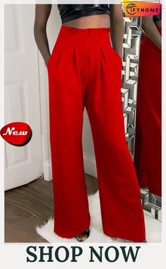 Wrinkled Solid Color Pocket Wide Leg Pants High Waist Wide Leg Trousers, Split Long Dress, Comfy Sets, Pleated Maxi Skirt, Red High, Loose Jeans, Pleated Maxi, Elastic Waist Pants, Casual Sets