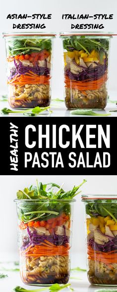 four different types of salads in plastic containers with the words chicken pasta on them