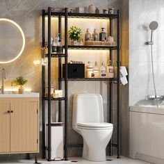 a bathroom with a toilet, sink and shelving unit in the middle of it